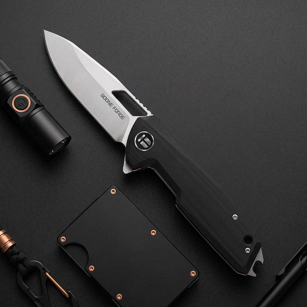 BOONEFORGE Berserker Premium EDC Flipper & Thumb hole knife( 3.07'' Satin 14C28N Blade & Black G10 Handle ) - BF072
