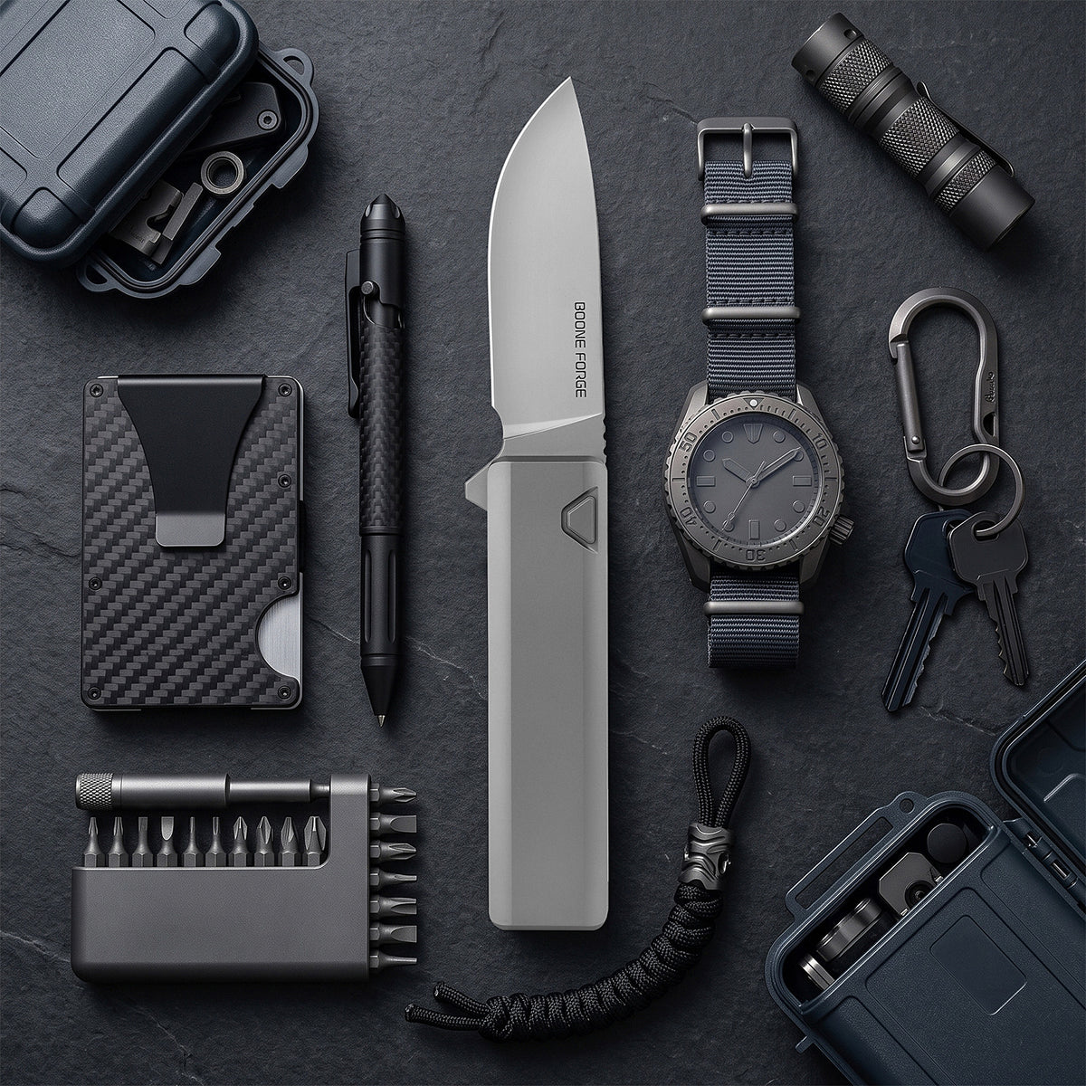 [PRE‑ORDER]BOONEFORGE Stalker Premium EDC Button lock & Flipper knife  ( 3.2" Bead Blasted M390  Blade & Grey TC4 Titanium Handle) - BF003