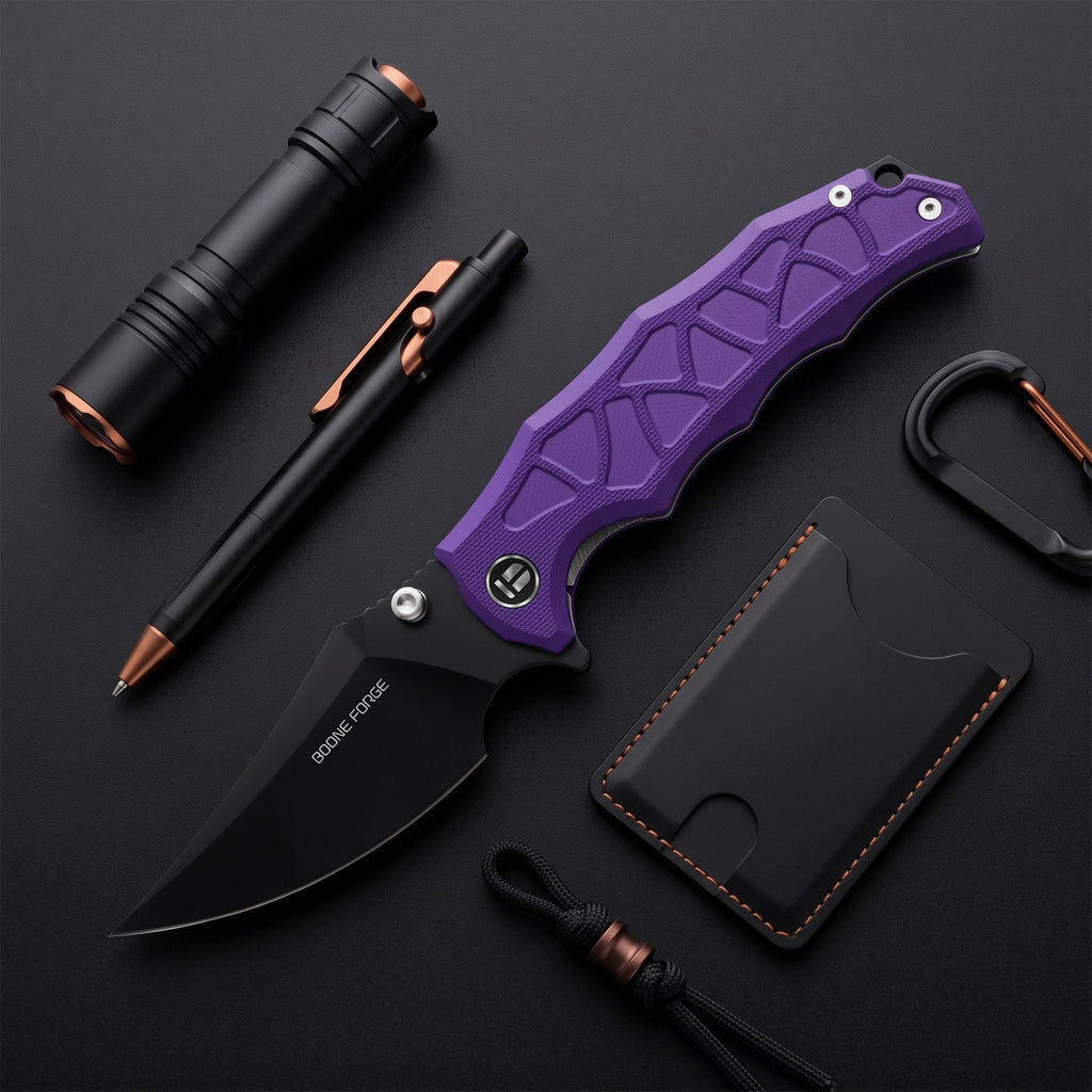 BOONEFORGE Ironstrider Premium EDC Fliper & Thumb Stud knife(3.81'' Black Titanium Plated 14C28N Blade & Purple G10 Handle ) - BF013A