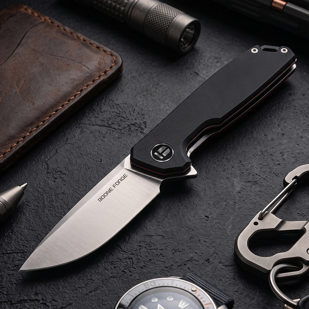 BOONEFORGE Steelwrath Premium EDC Flipper knife  ( 3.23'' Satin 14C28N Blade & Black G10 Handle) - BF010