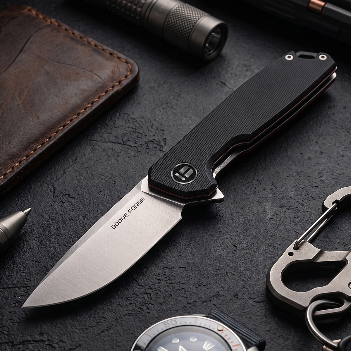 BOONEFORGE Steelwrath Premium EDC Flipper knife  ( 3.23'' Satin 14C28N Blade & Black G10 Handle) - BF010