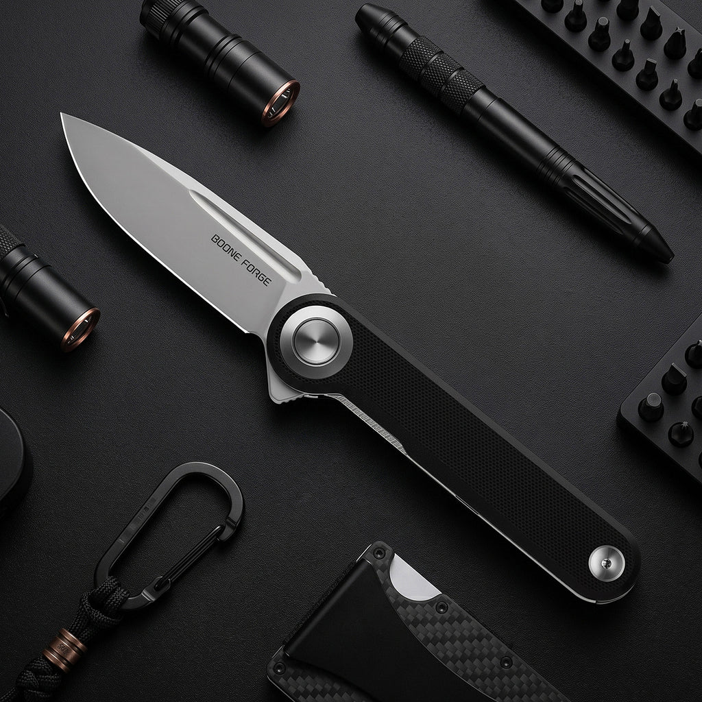 BOONEFORGE Ironjudge Premium EDC Flipper knife ( 3.39'' Bead Blasted 14C28N Blade & Black G10 Handle ) - BF905