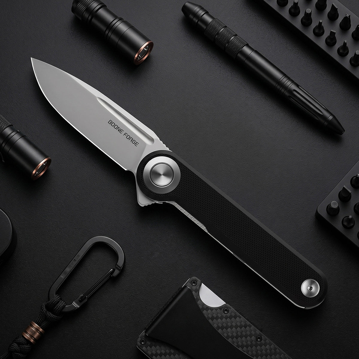 BOONEFORGE Ironjudge Premium EDC Flipper knife ( 3.39'' Bead Blasted 14C28N Blade & Black G10 Handle ) - BF905