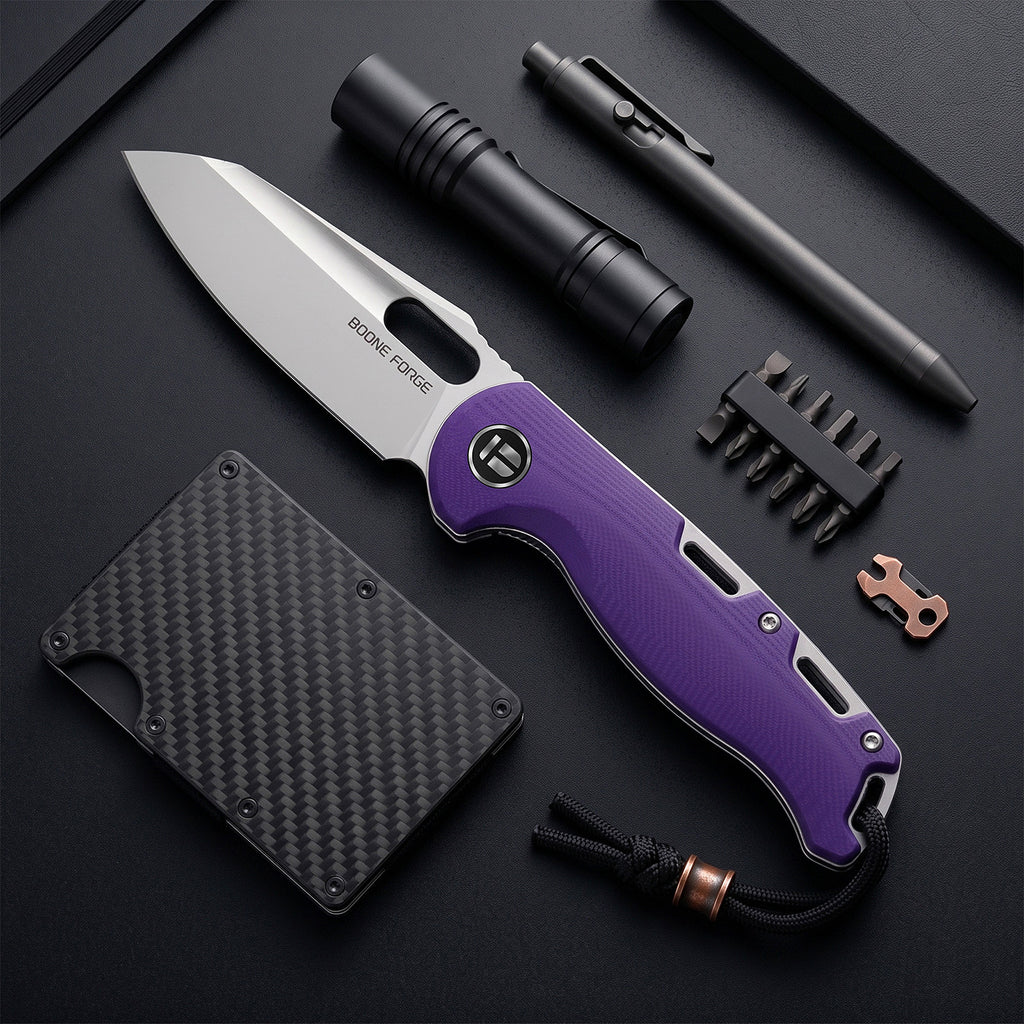 BOONEFORGE Warmark Premium EDC Manual thumb knife ( 3.33'' Bead Blasted 14C28N Blade & Purple G10 Handle) - BF009