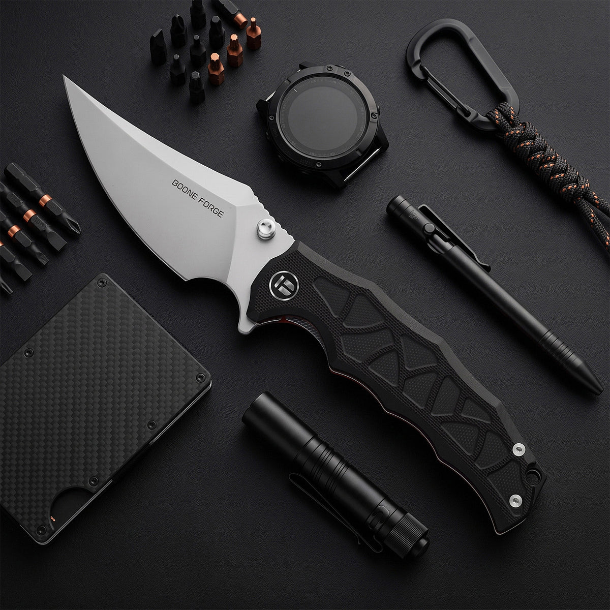 BOONEFORGE Ironstrider Premium EDC Fliper & Thumb Stud knife(3.81'' Bead Blasted 14C28N Blade & Black G10 Handle ) - BF013A