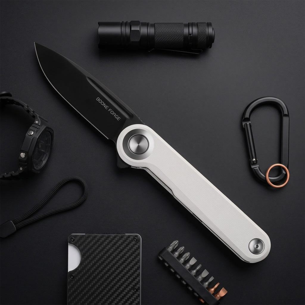 BOONEFORGE Ironjudge Premium EDC Flipper knife ( 3.39'' Black Titanium Plated 14C28N Blade & White G10 Handle ) - BF905