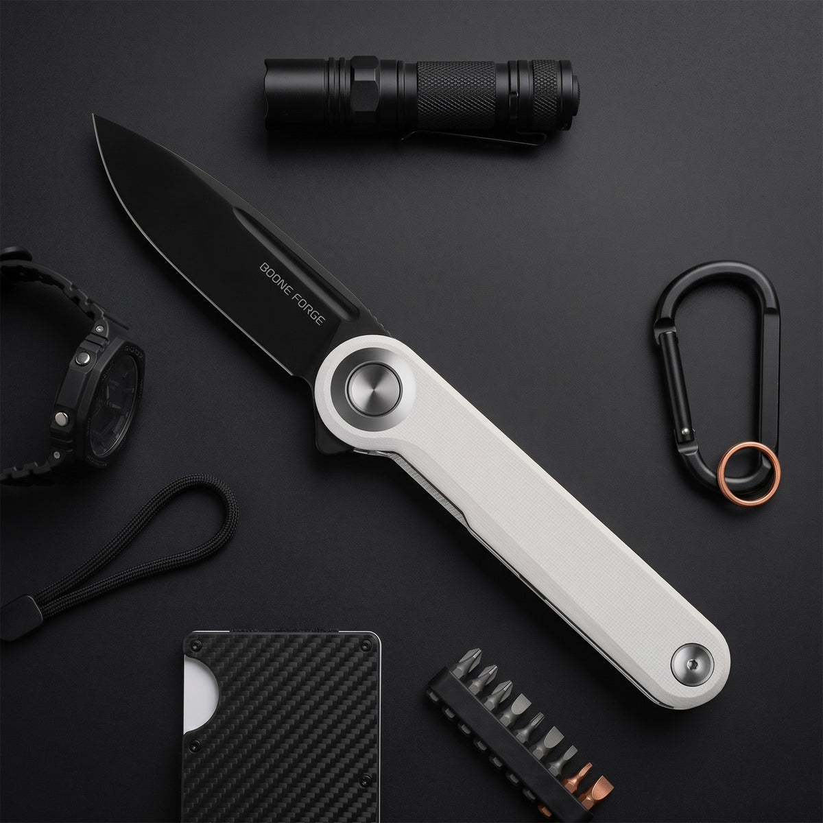 BOONEFORGE Ironjudge Premium EDC Flipper knife ( 3.39'' Black Titanium Plated 14C28N Blade & White G10 Handle ) - BF905