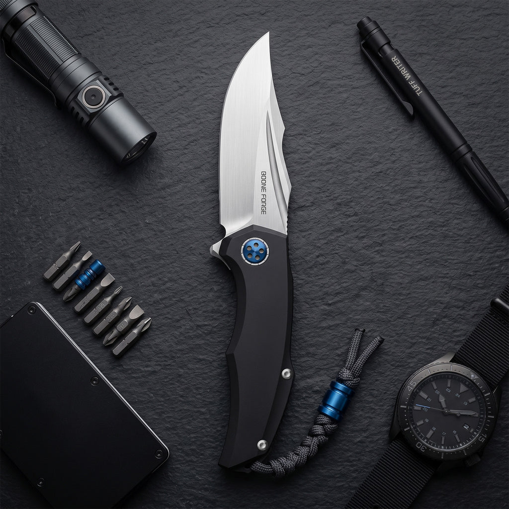 BOONEFORGE Doomsday Premium EDC Flipper knife  ( 3.89'' Brushed Satin M390 Blade & Black TC4 Titanium Handle ) - BF069