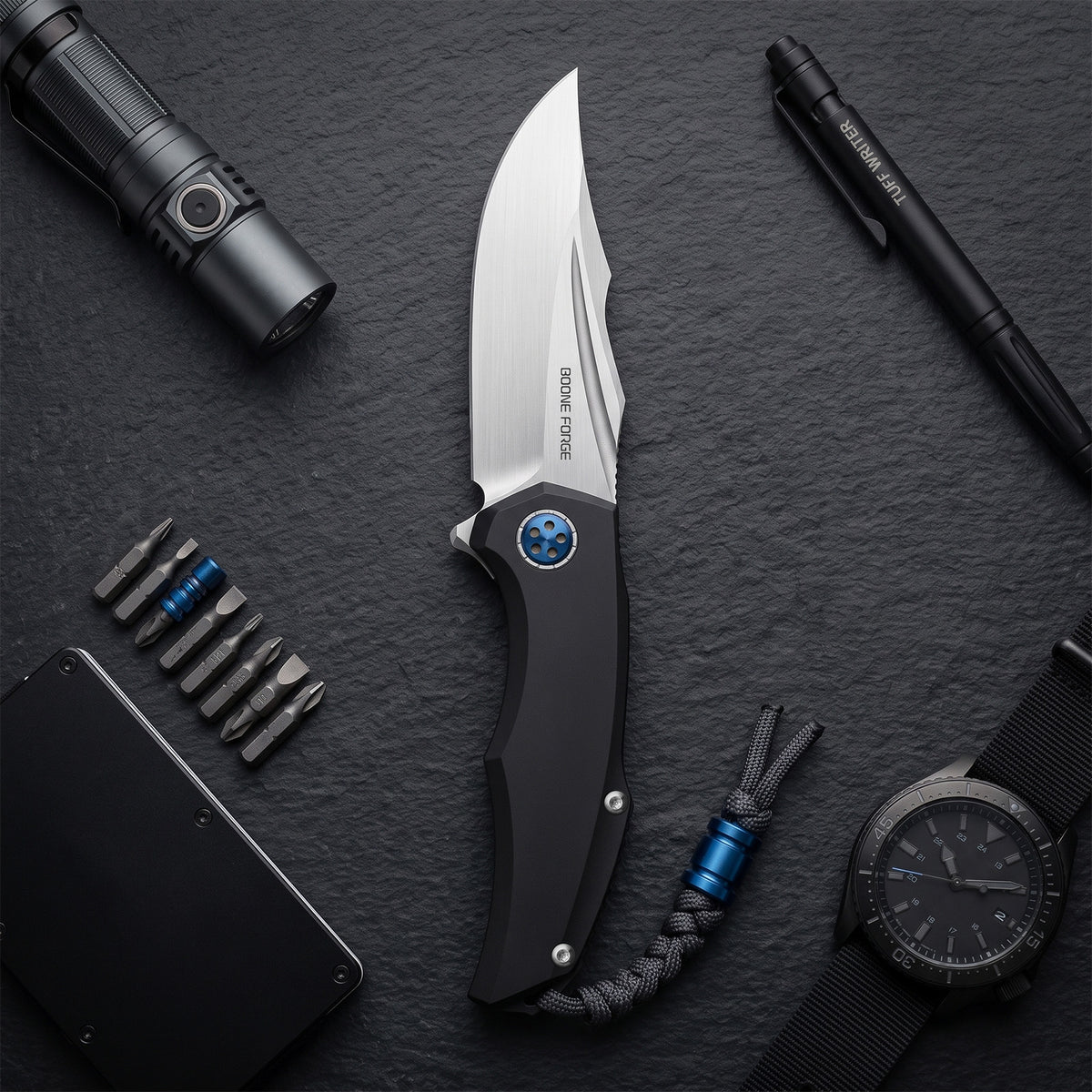BOONEFORGE Doomsday Premium EDC Flipper knife  ( 3.89'' Brushed Satin M390 Blade & Black TC4 Titanium Handle ) - BF069