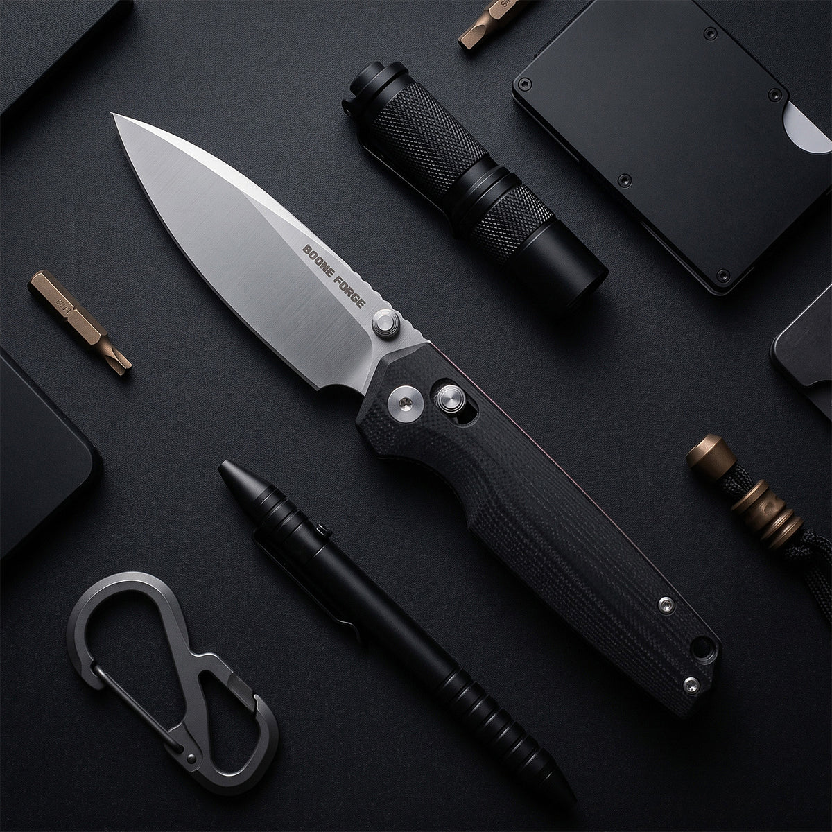 BOONEFORGE Darkedge Premium EDC Crossbar knife  ( 3.05'' Satin 14C28N Blade & Black G10 Handle ) - BF900