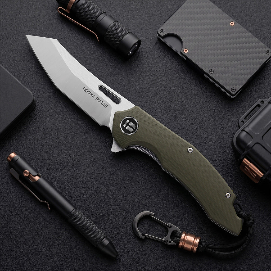 BOONEFORGE Sentinel Premium EDC Flipper & Thumb hole knife ( 3.34'' Satin 14C28N Blade & Army green G10 Handle ) - BF904