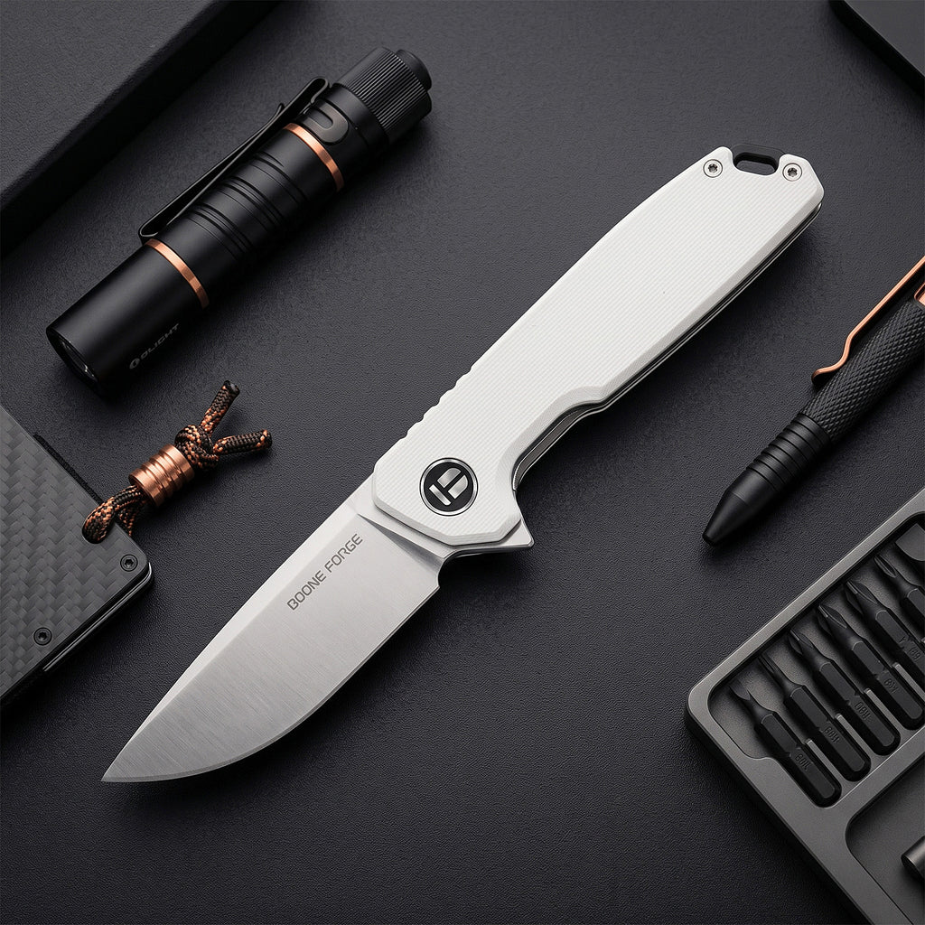BOONEFORGE Steelwrath Premium EDC Flipper knife ( 3.23'' Satin 14C28N Blade & White G10 Handle) - BF010
