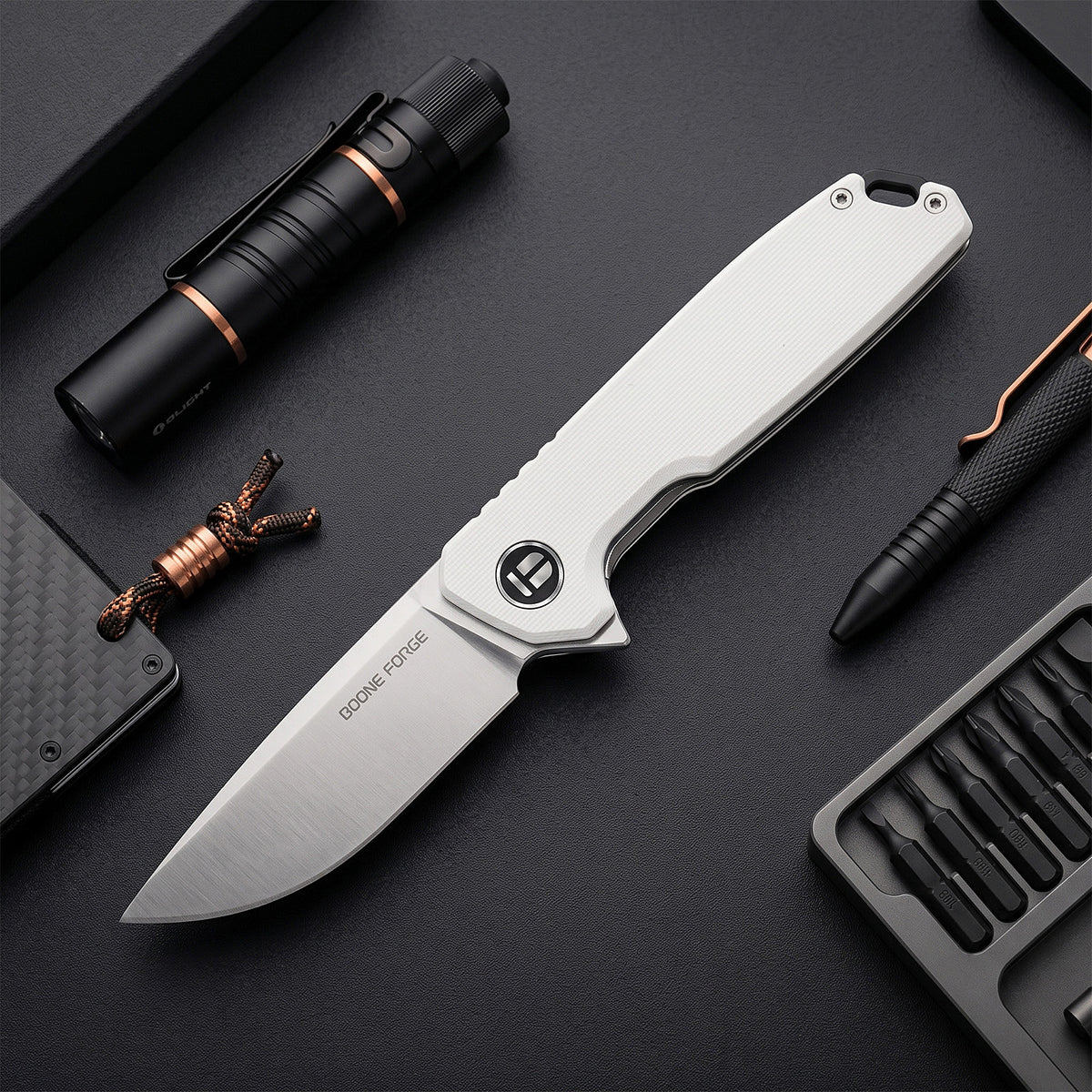 BOONEFORGE Steelwrath Premium EDC Flipper knife ( 3.23'' Satin 14C28N Blade & White G10 Handle) - BF010