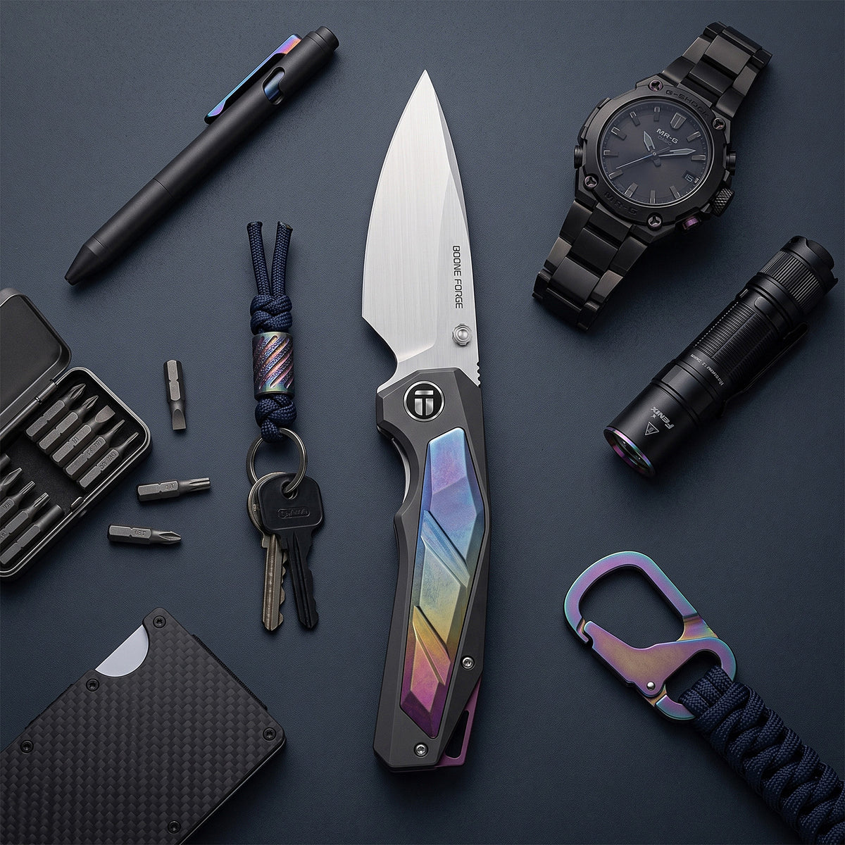 [PRE‑ORDER]BOONEFORGE Wraith Premium EDC Thumb stud knife( 3.93'' Brushed Satin M390 Blade & Black TC4 Titanium Handle ) - BF062