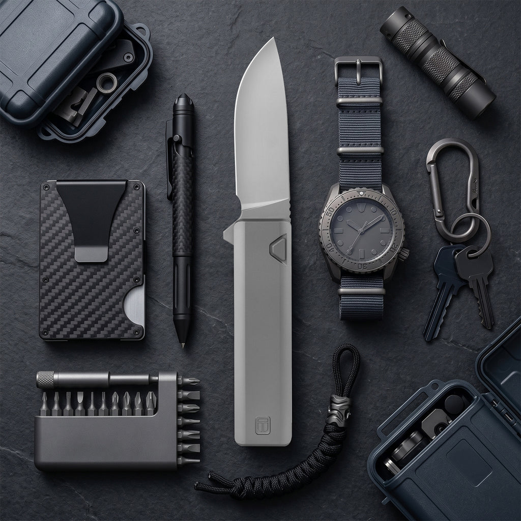 BOONEFORGE Stalker Premium EDC Button lock & Flipper knife  ( 3.2" Bead Blasted BÖHLER M390  Blade & Grey TC4 Titanium Handle) - BF003