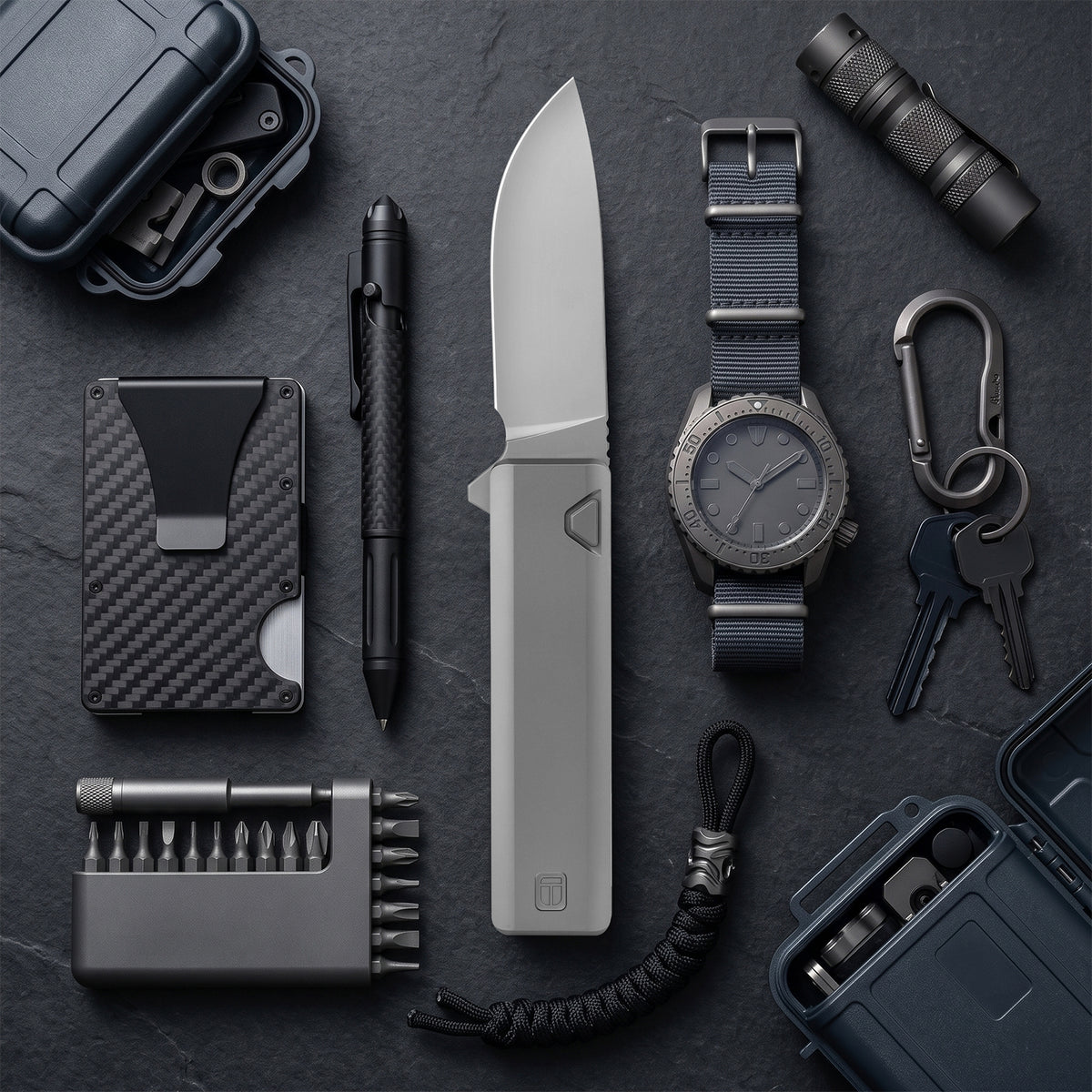BOONEFORGE Stalker Premium EDC Button lock & Flipper knife  ( 3.2" Bead Blasted BÖHLER M390  Blade & Grey TC4 Titanium Handle) - BF003