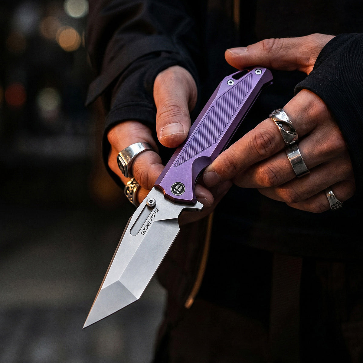 [PRE‑ORDER]BOONEFORGE Razorclaw Premium EDC Fliper & Thumb Stud knife(4.14'' Bead Blasted M390 Blade & Purple TC4 Titanium ) - BF014