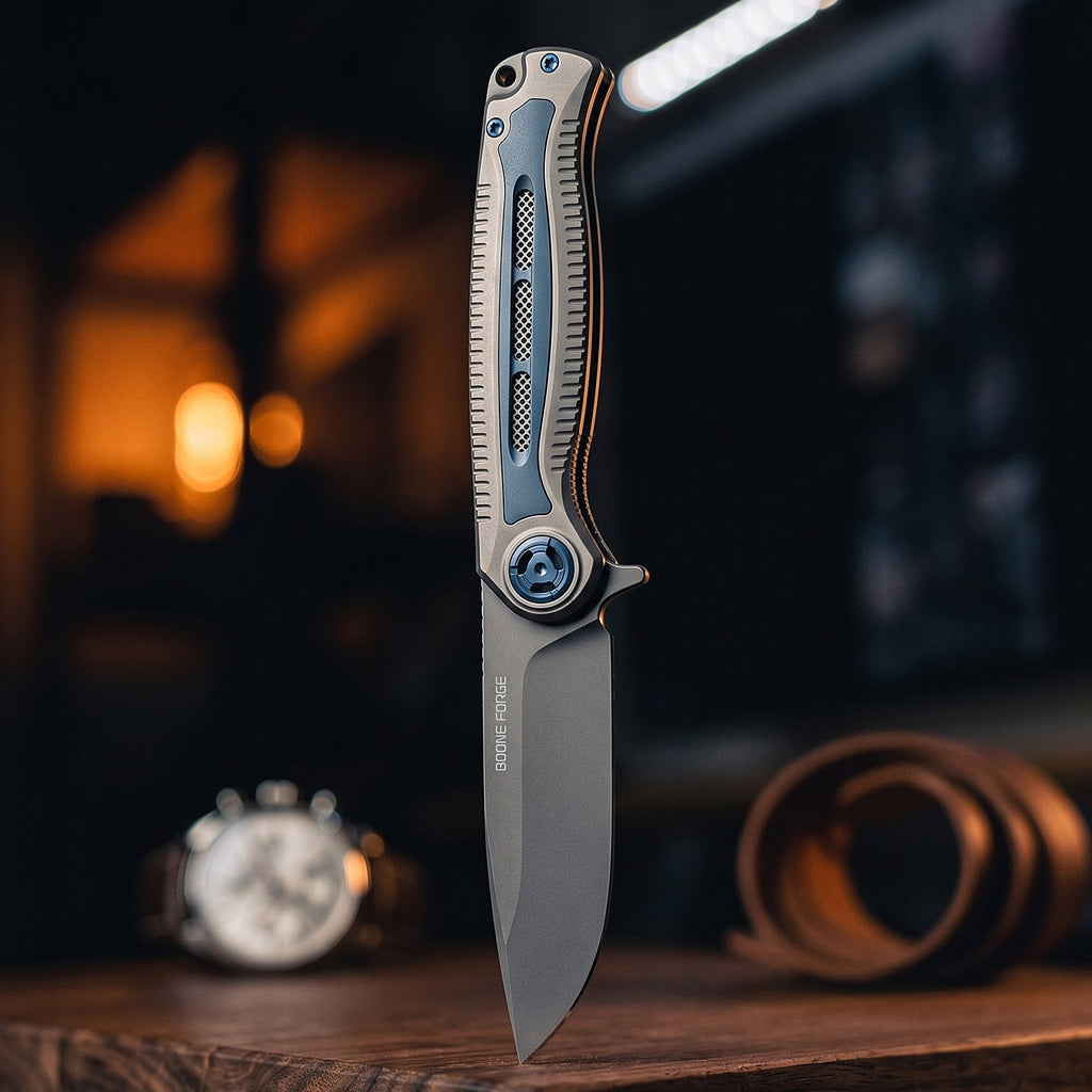 [PRE‑ORDER]BOONEFORGE Wildblade Premium EDC Flipper knife  ( 3.73'' Grey Titanium Plated M390 Blade & Grey TC4 Titanium Handle ) - BF050