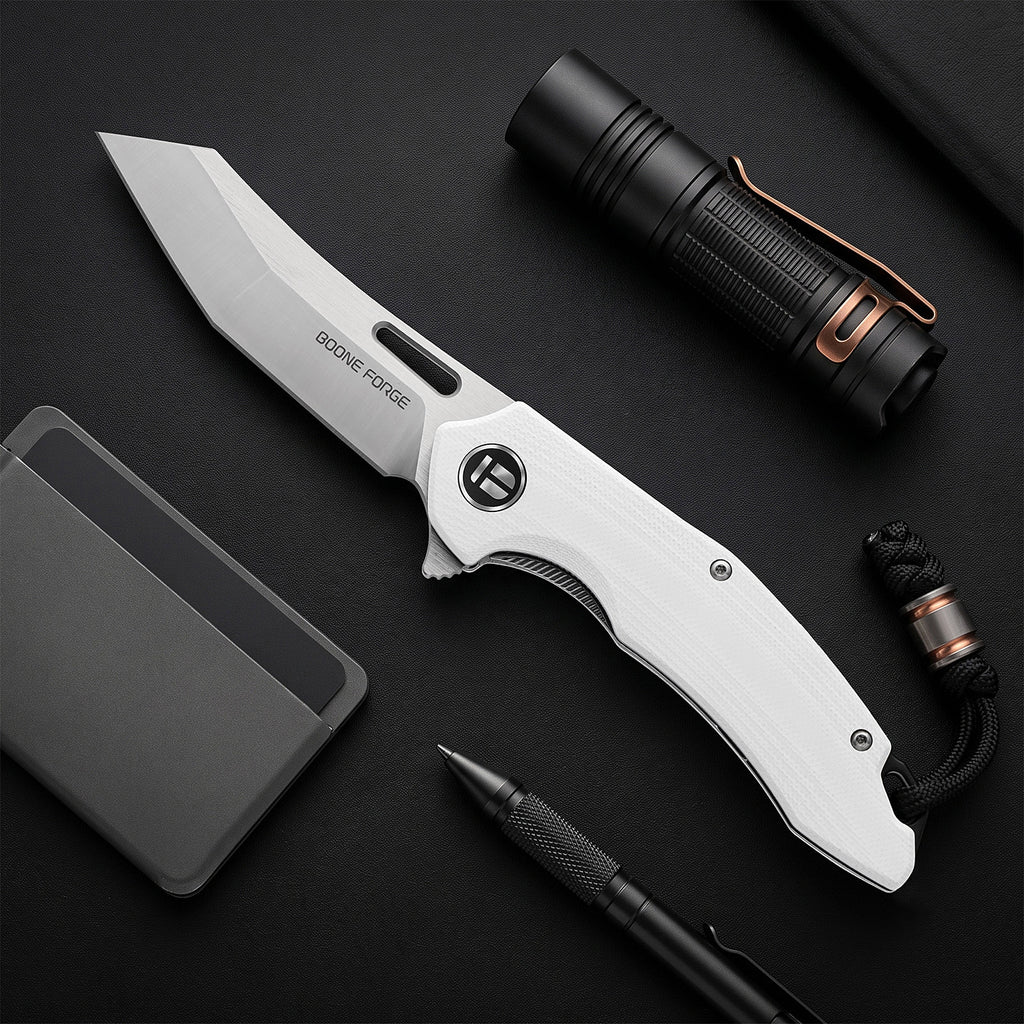 BOONEFORGE Sentinel Premium EDC Flipper & Thumb hole knife ( 3.34'' Satin 14C28N Blade & White G10 Handle ) - BF904