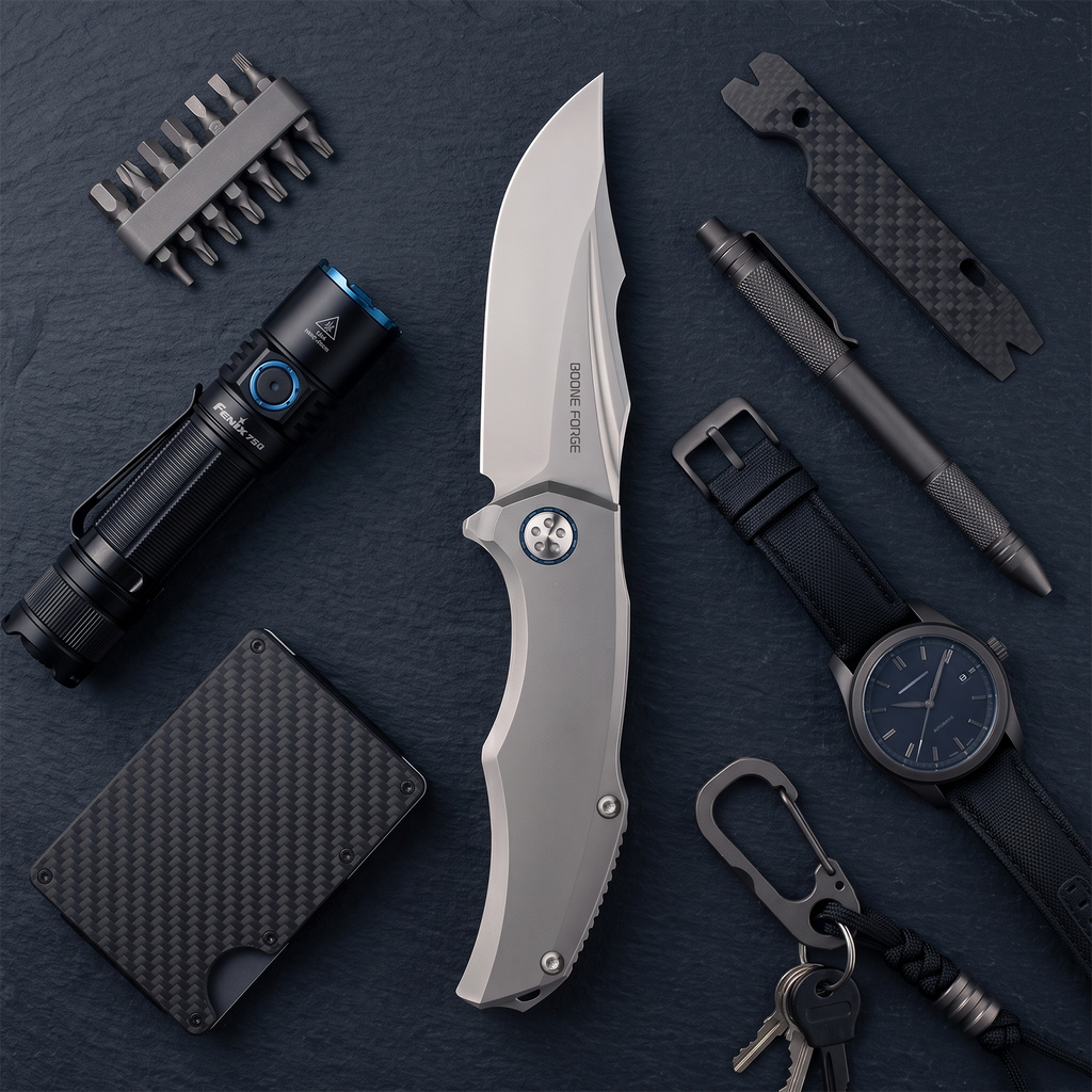 BOONEFORGE Doomsday Premium EDC Flipper knife ( 3.89'' Bead Blasted M390 Blade & Grey TC4 Titanium Handle ) - BF069