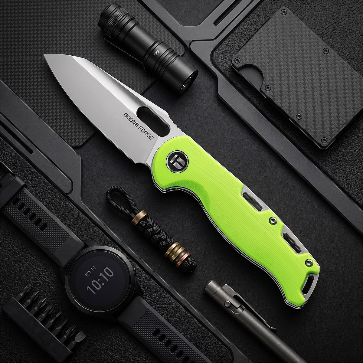 BOONEFORGE Warmark Premium EDC Manual thumb knife ( 3.33'' Bead Blasted 14C28N Blade & Fluorescent green G10 Handle) - BF009