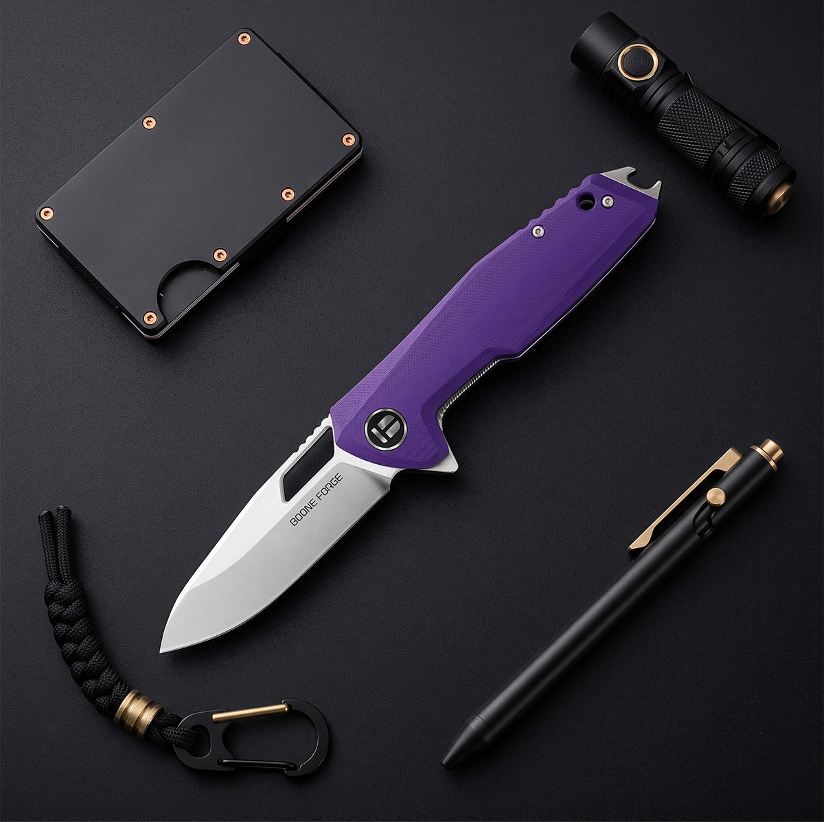 BOONEFORGE Berserker Premium EDC Flipper & Thumb hole knife( 3.07'' Satin 14C28N Blade & Purple G10 Handle ) - BF072
