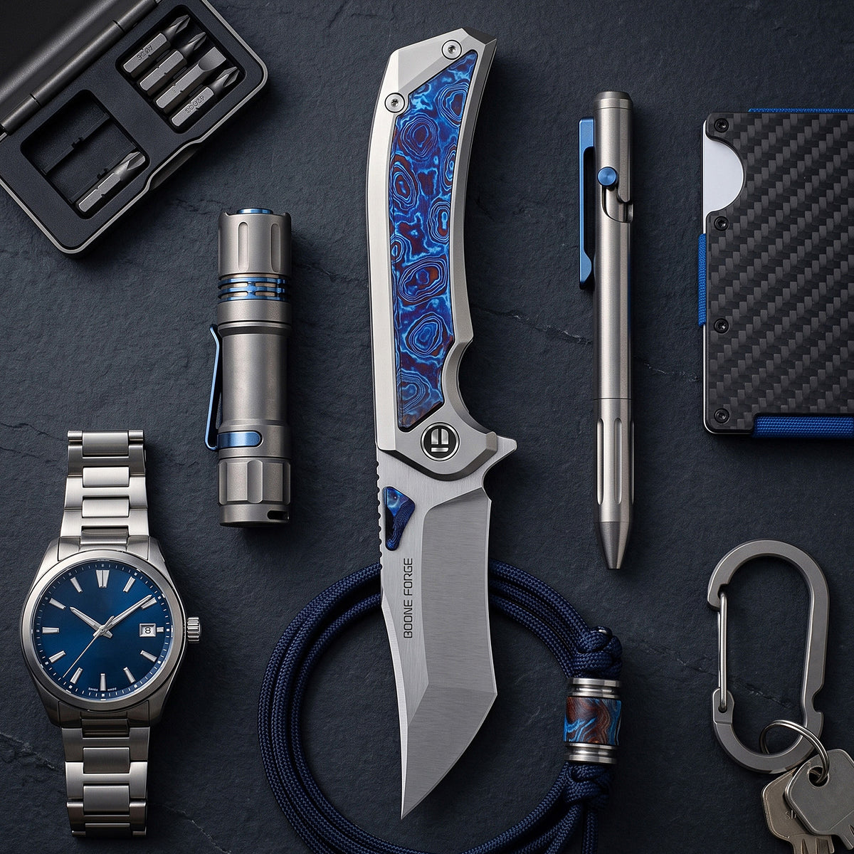 [PRE‑ORDER]BOONEFORGE Odin’s Eye Premium EDC Fliper & Thumb Stud knife ( 3.82'' Satin M390 Blade & Grey TC4 Titanium/Timascus Handle ) - BF053