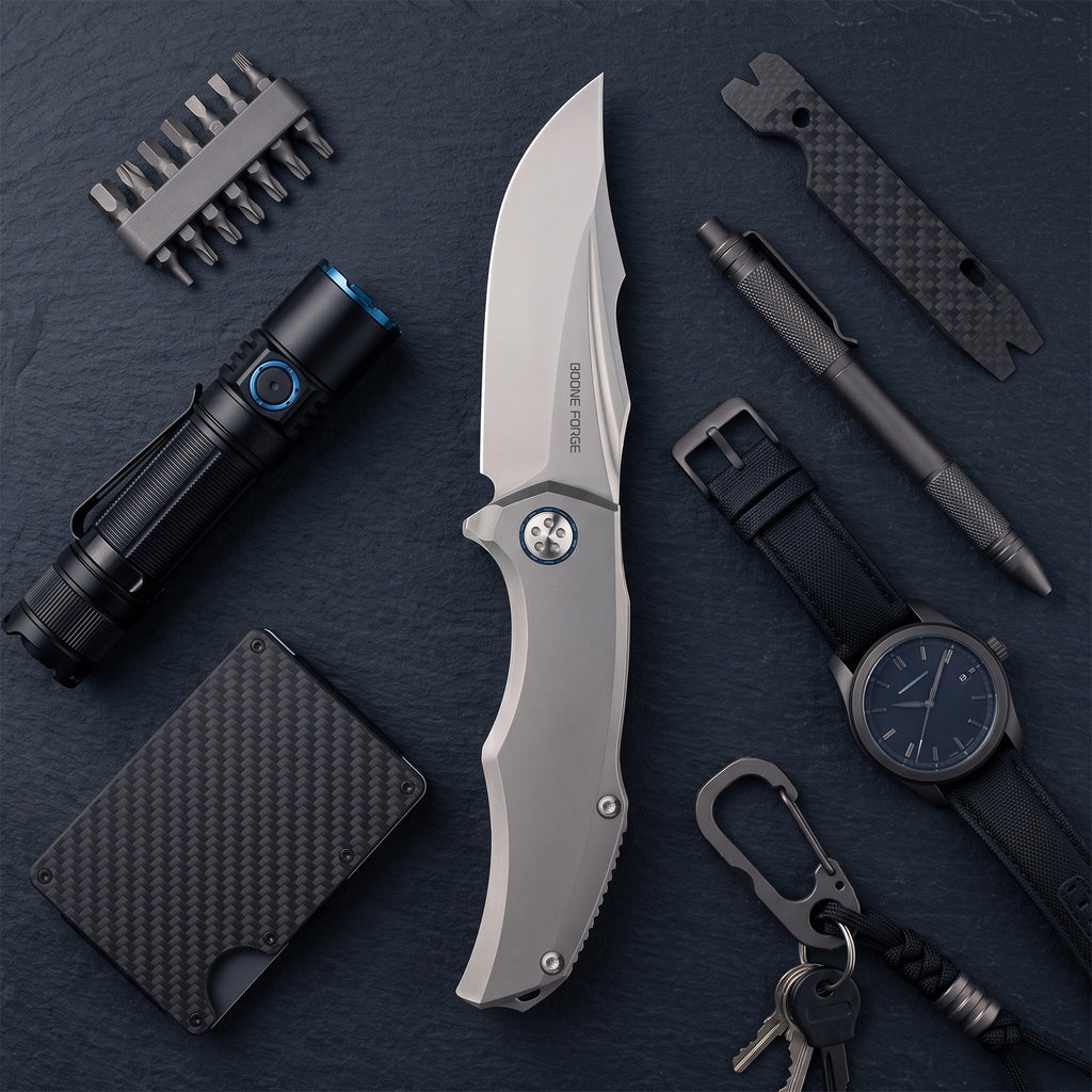 BOONEFORGE Doomsday Premium EDC Flipper knife ( 3.89'' Bead Blasted M390 Blade & Grey TC4 Titanium Handle ) - BF069