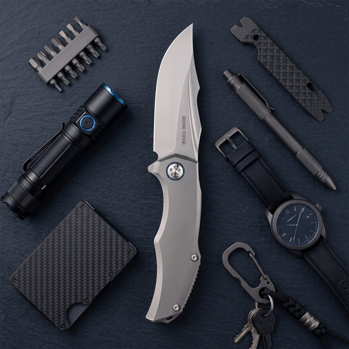BOONEFORGE Doomsday Premium EDC Flipper knife ( 3.89'' Bead Blasted M390 Blade & Grey TC4 Titanium Handle ) - BF069