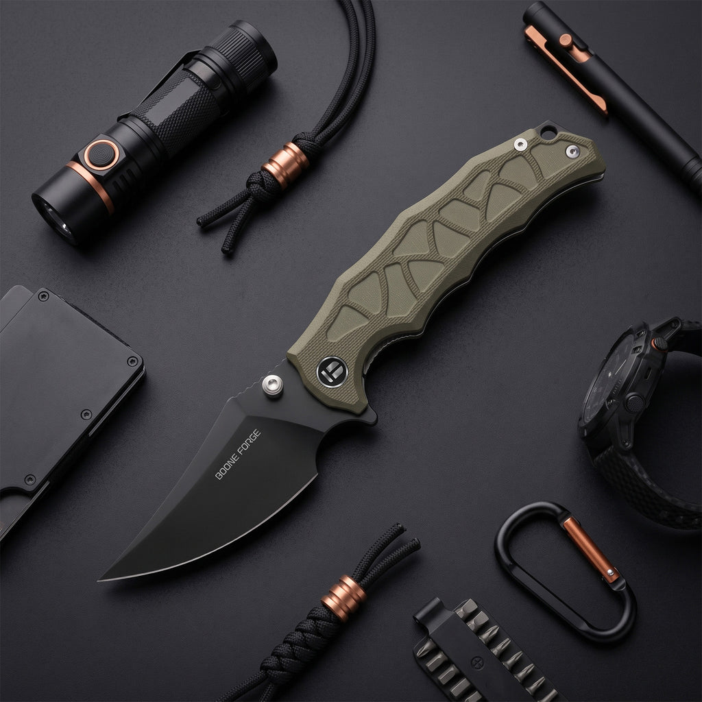 BOONEFORGE Ironstrider Premium EDC Fliper & Thumb Stud knife(3.81'' Black Titanium Plated 14C28N Blade & Army green G10 Handle ) - BF013A