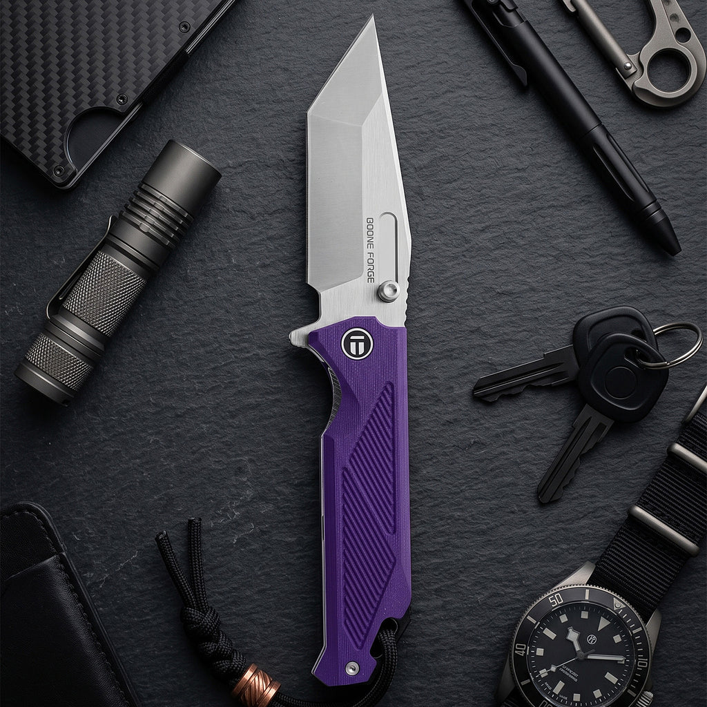 BOONEFORGE Blackshield Premium EDC Fliper & Thumb Stud knife ( 3.94'' Satin 14C28N Blade & Purple G10 Handle ) - BF014A