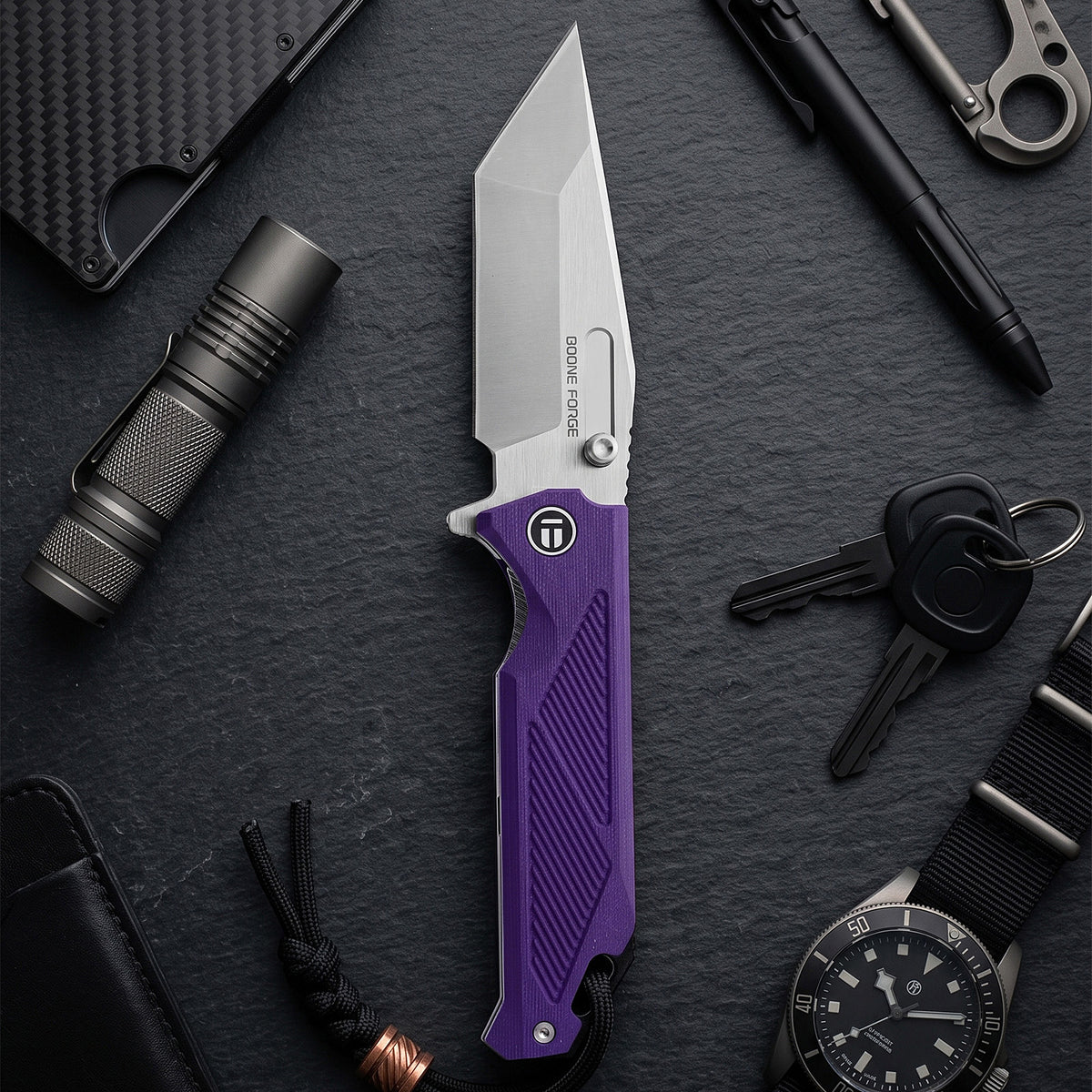 BOONEFORGE Blackshield Premium EDC Fliper & Thumb Stud knife ( 3.94'' Satin 14C28N Blade & Purple G10 Handle ) - BF014A