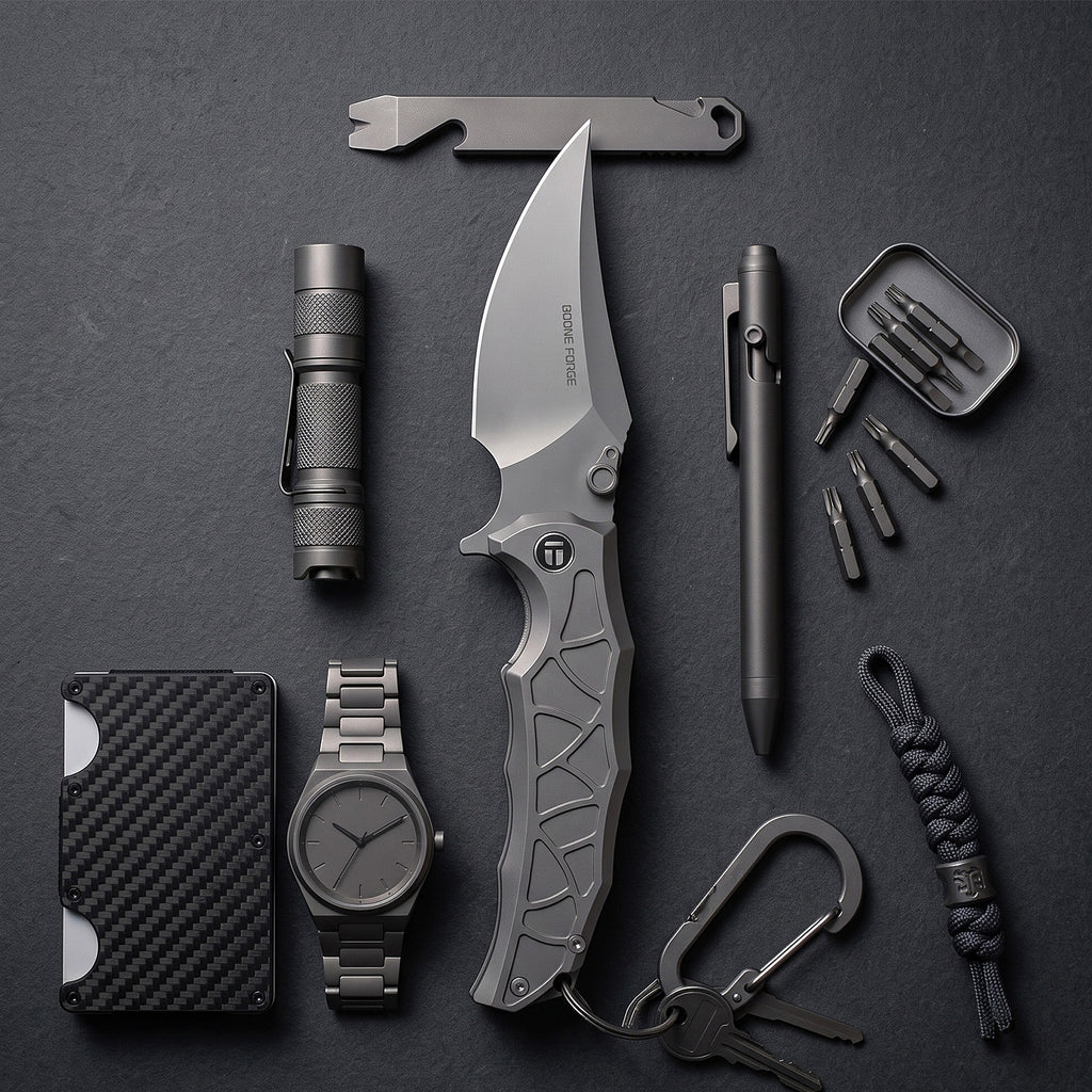 [PRE‑ORDER]BOONEFORGE Frostspine Premium EDC Fliper & Thumb Stud knife(4.06'' Bead Blasted M390  Blade & Grey TC4 Titanium Handle ) - BF013