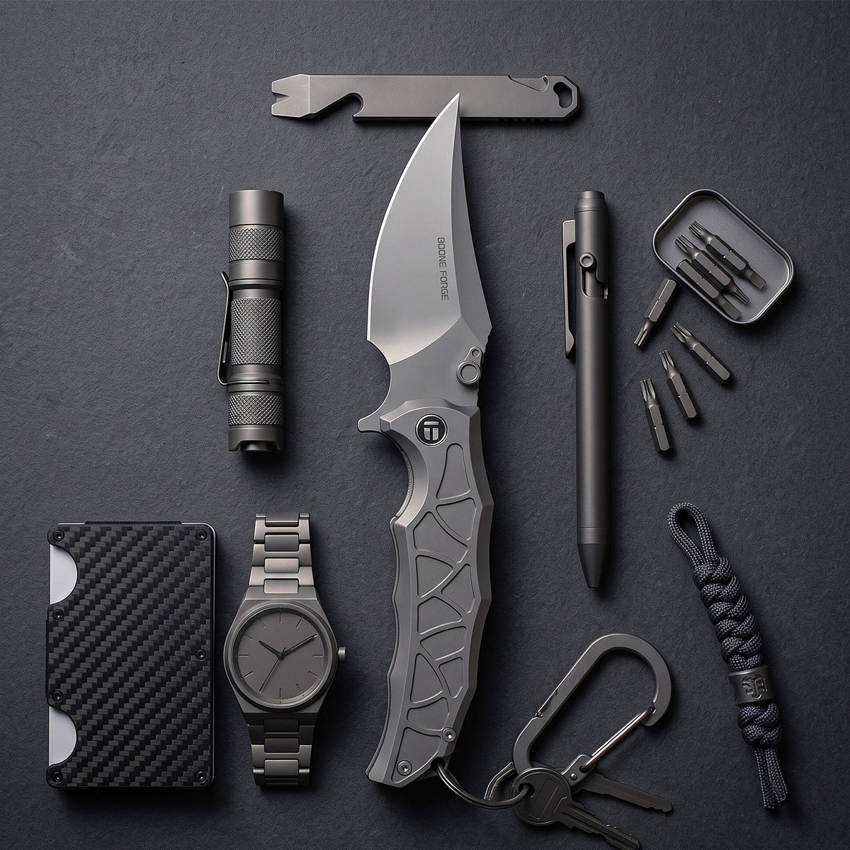 [PRE‑ORDER]BOONEFORGE Frostspine Premium EDC Fliper & Thumb Stud knife(4.06'' Bead Blasted M390  Blade & Grey TC4 Titanium Handle ) - BF013