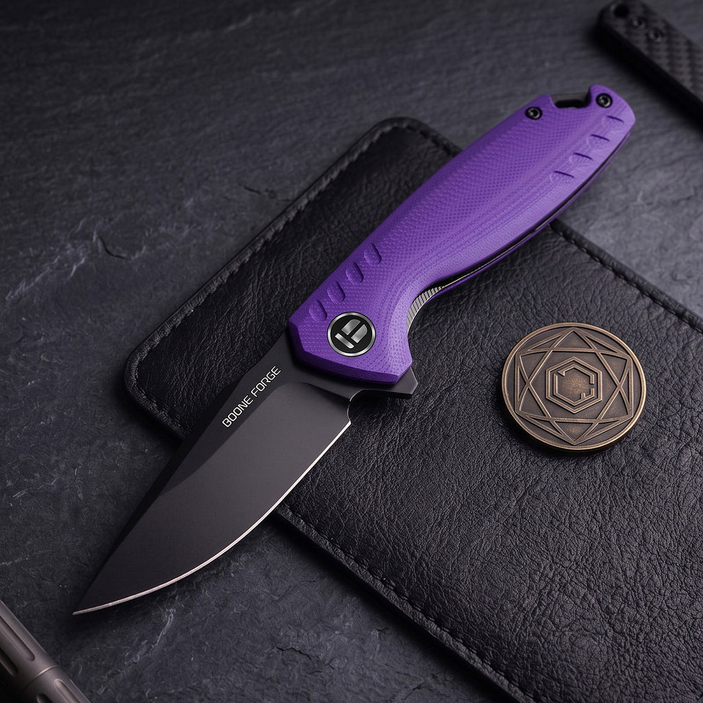 BOONEFORGE Nightvein Premium EDC Flipper knife (3.39'' Black Titanium Plated 14C28N Blade & Purple G10 Handle) - BF011