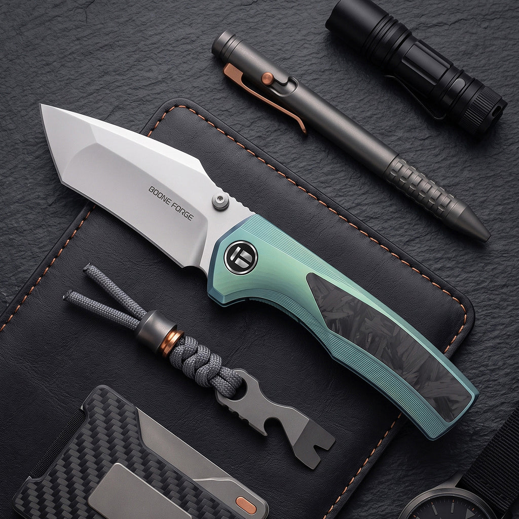 [PRE‑ORDER]BOONEFORGE Bloodfang Premium EDC Thumb stud knife ( 3.41" Bead Blasted M390 Blade & Mint green TC4 Titanium/Carbon Fiber Handle) - BF007