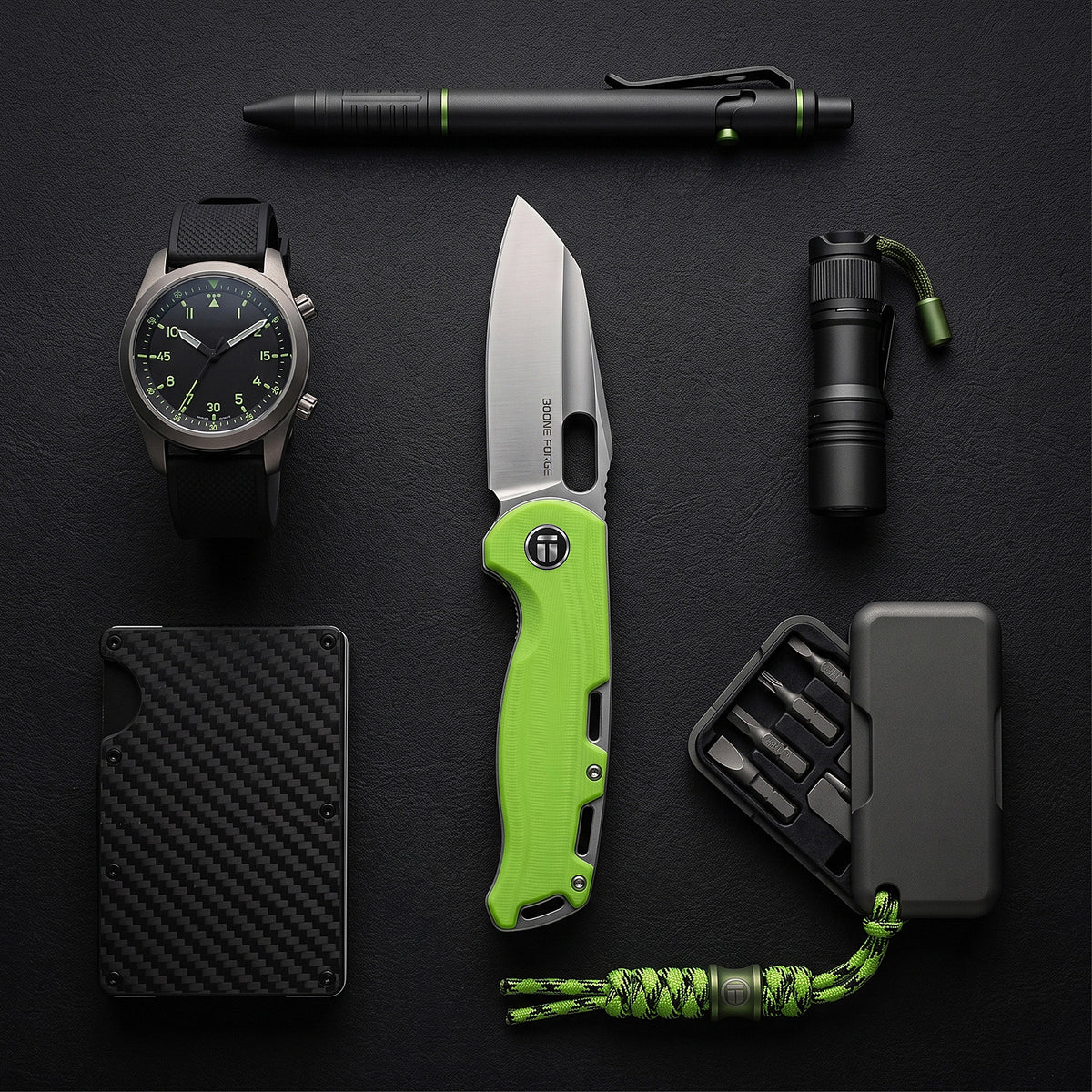 BOONEFORGE Warmark Premium EDC Manual thumb knife ( 3.33'' Satin 14C28N Blade & Fluorescent green G10 Handle) - BF009