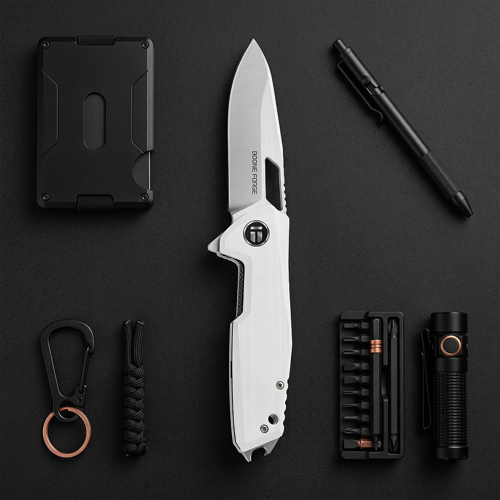 BOONEFORGE Berserker Premium EDC Flipper & Thumb hole knife( 3.07'' Satin 14C28N Blade & White G10 Handle ) - BF072