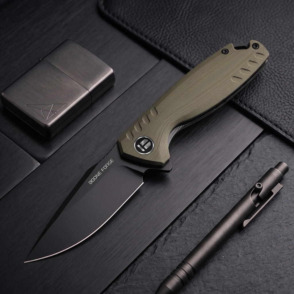 BOONEFORGE Nightvein Premium EDC Flipper knife (3.39'' Black Titanium Plated 14C28N Blade & Army green G10 Handle) - BF011