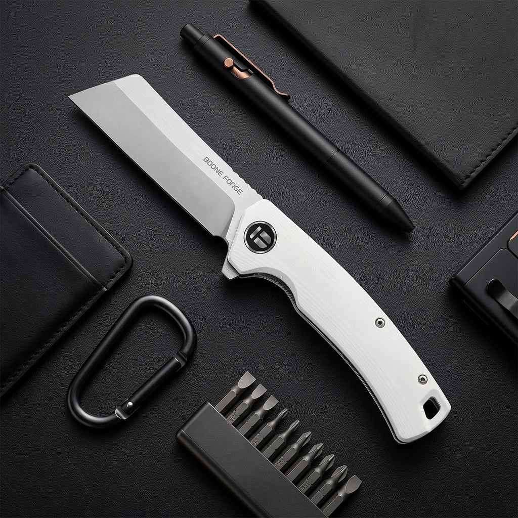 BOONEFORGE Breaker Premium EDC Flipper knife ( 3.34'' Satin 14C28N Blade & White G10 Handle ) - BF903
