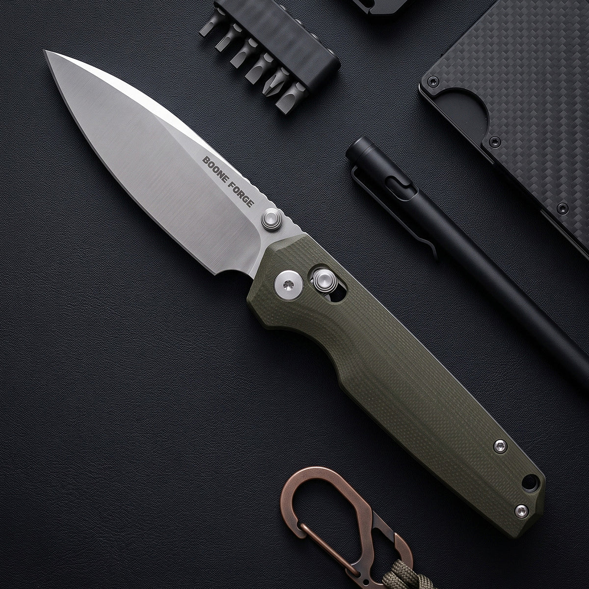 BOONEFORGE Darkedge Premium EDC Crossbar knife ( 3.05'' Satin 14C28N Blade & Army green G10 Handle ) - BF900