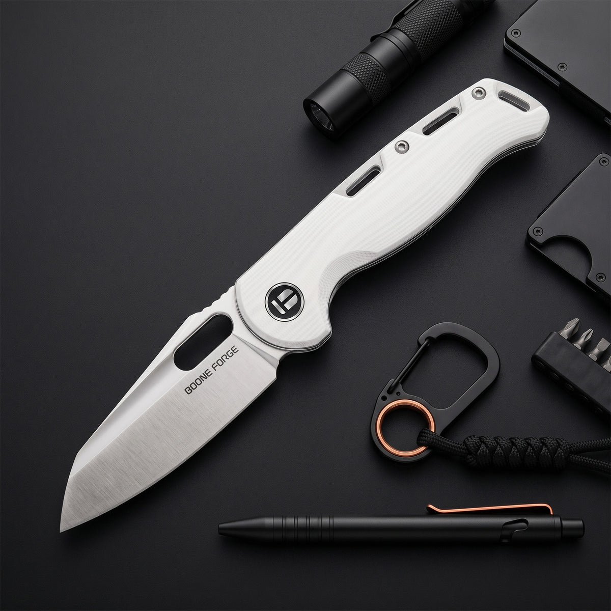 BOONEFORGE Warmark Premium EDC Manual thumb knife ( 3.33'' Satin 14C28N Blade & White G10 Handle) - BF009