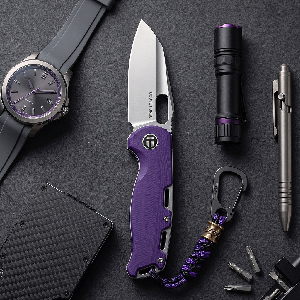 BOONEFORGE Warmark Premium EDC Manual thumb knife ( 3.33'' Satin 14C28N Blade & Purple G10 Handle) - BF009