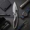 [PRE‑ORDER]BOONEFORGE Huntscar Premium EDC Button lock & Thumb hole knife ( 3.38'' Bead Blasted BÖHLER M390  Blade & Grey TC4 Titanium/Carbon Fiber Handle) - BF008