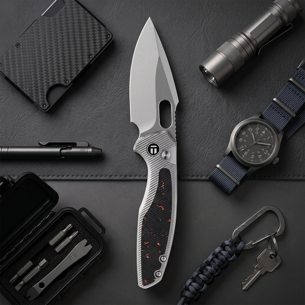 [PRE‑ORDER]BOONEFORGE Huntscar Premium EDC Button lock & Thumb hole knife ( 3.38'' Bead Blasted BÖHLER M390  Blade & Grey TC4 Titanium/Carbon Fiber Handle) - BF008