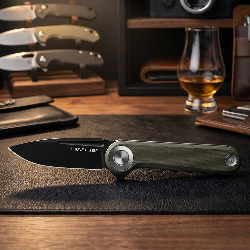 BOONEFORGE Ironjudge Premium EDC Flipper knife ( 3.39'' Black Titanium Plated 14C28N Blade & Army green G10 Handle ) - BF905
