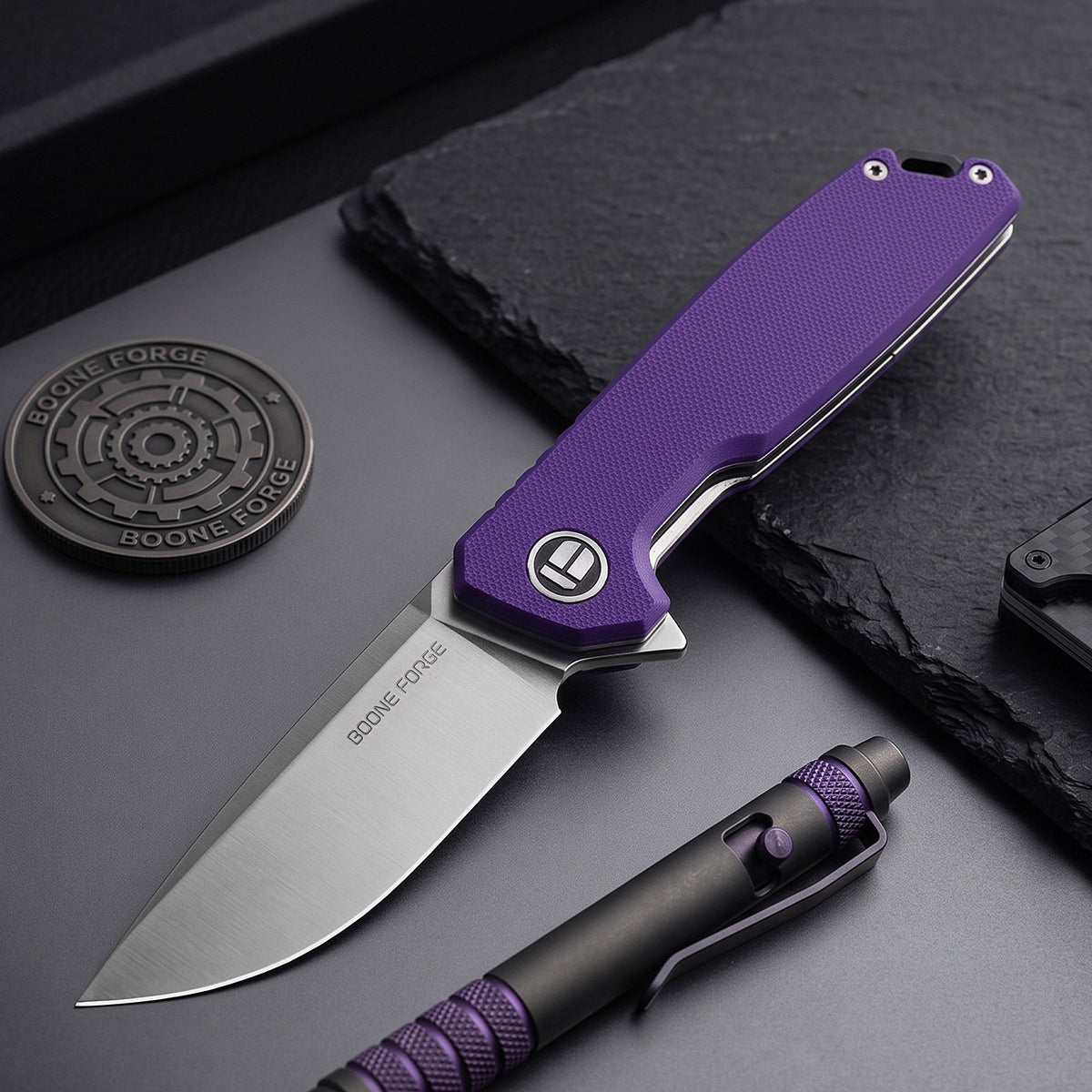 BOONEFORGE Steelwrath Premium EDC Flipper knife ( 3.23'' Satin 14C28N Blade & Purple G10 Handle) - BF010