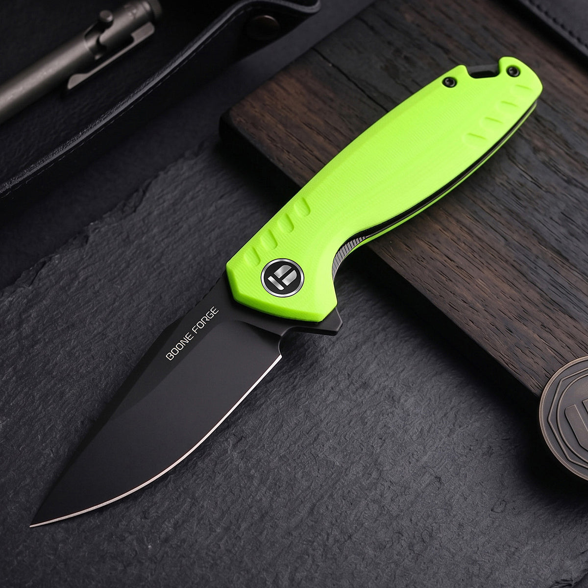 BOONEFORGE Nightvein Premium EDC Flipper knife (3.39'' Black Titanium Plated 14C28N Blade & Fluorescent green G10 Handle) - BF011