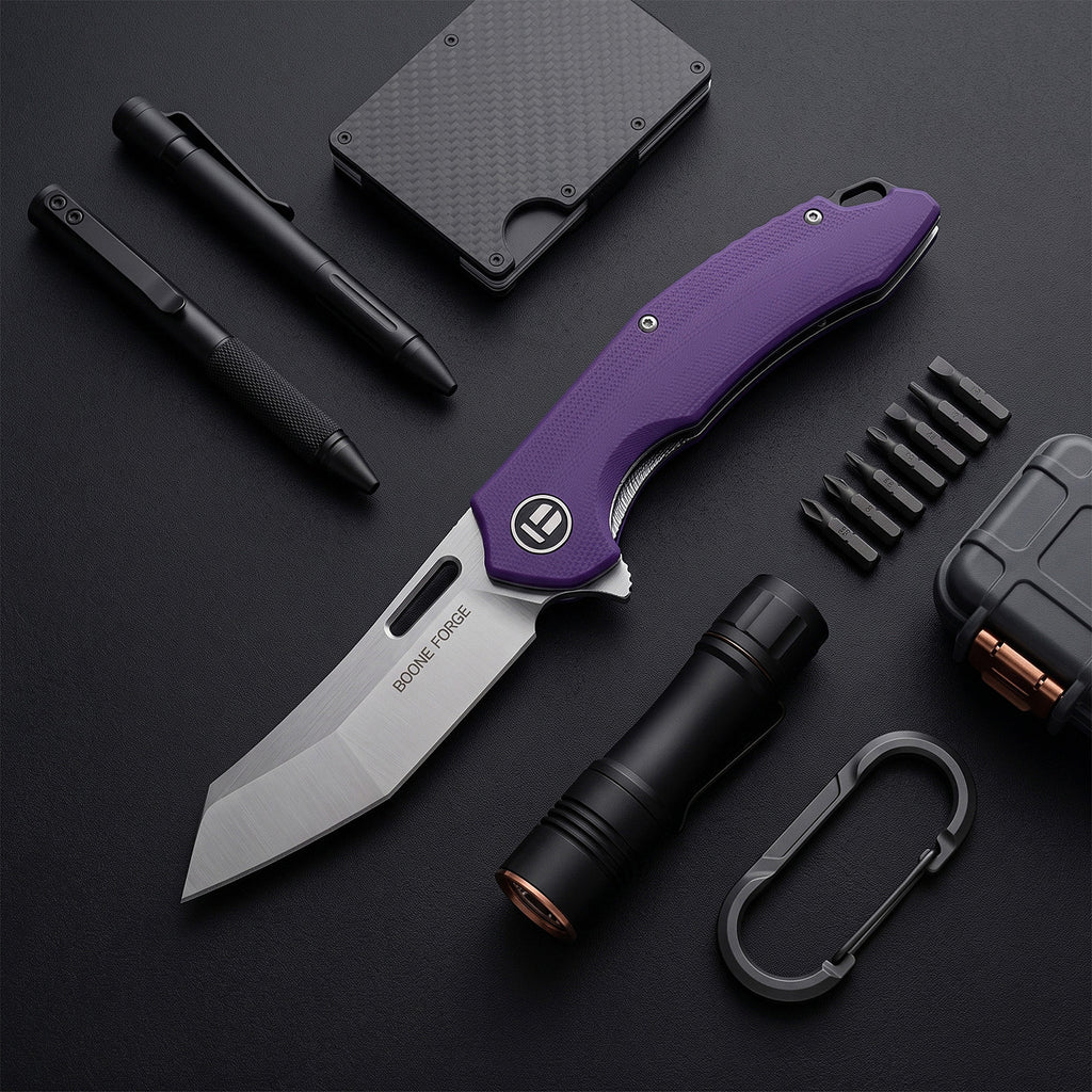 BOONEFORGE Sentinel Premium EDC Flipper & Thumb hole knife ( 3.34'' Satin 14C28N Blade & Purple G10 Handle ) - BF904