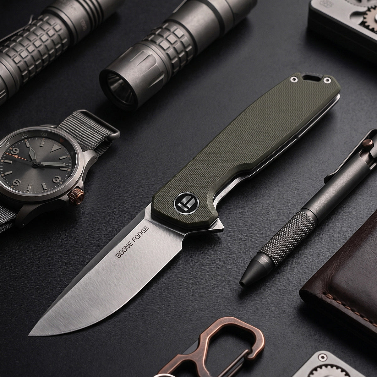 BOONEFORGE Steelwrath Premium EDC Flipper knife ( 3.23'' Satin 14C28N Blade & Army green G10 Handle) - BF010